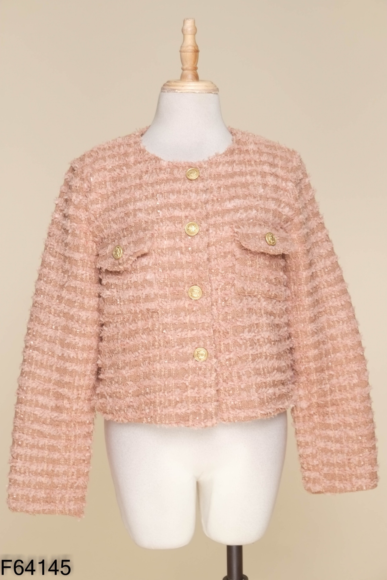 NEWTAG Áo dạ hồng phối cúc vàng