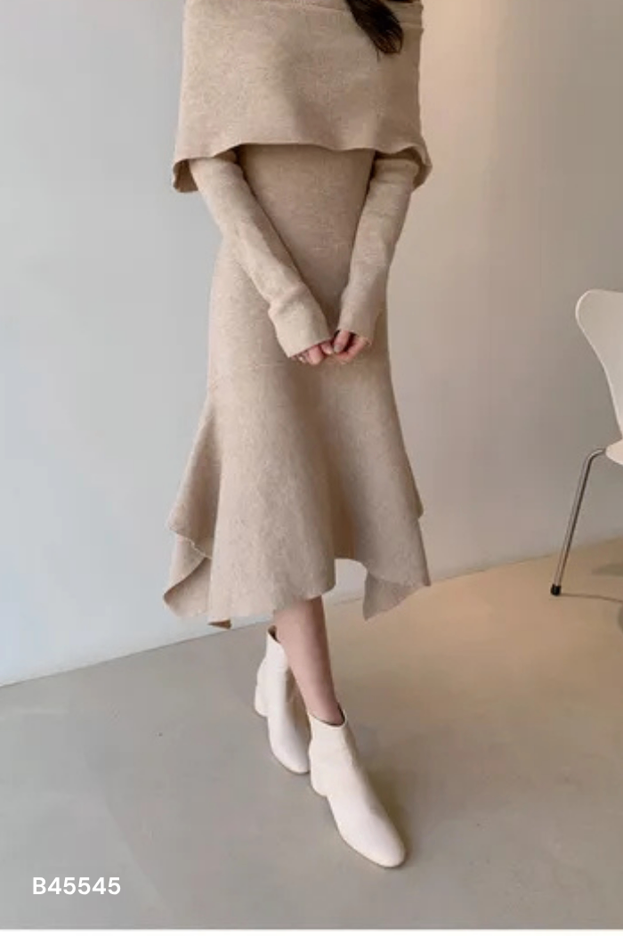 Váy len hở vai nâu trơn