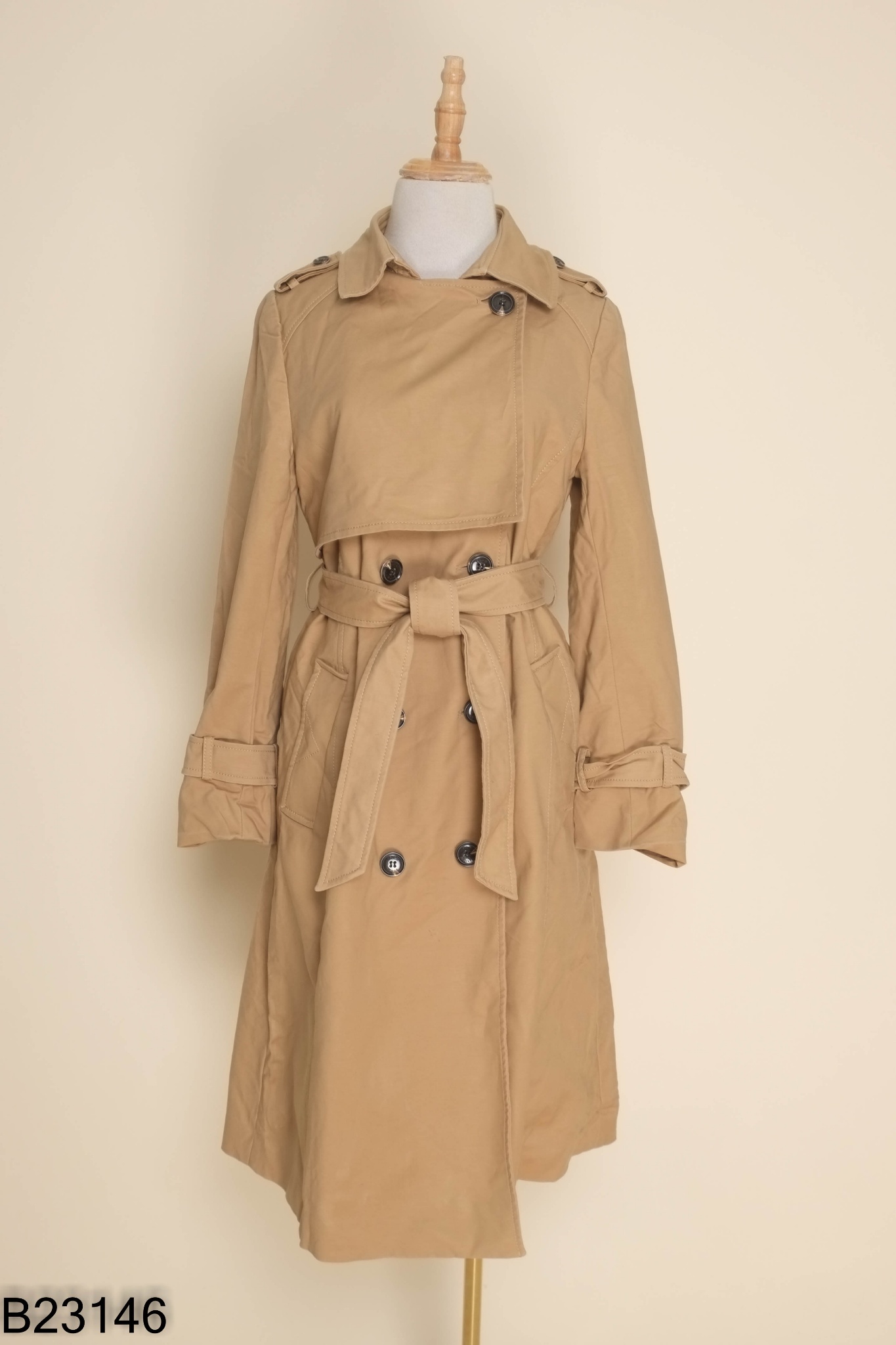 Áo khoác kaki nâu be dài kèm đai