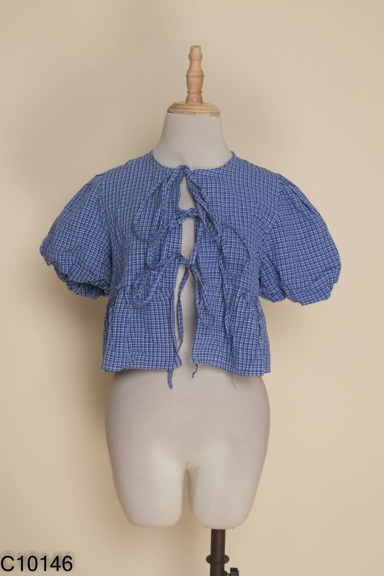 Áo babydoll xanh kẻ buộc dây