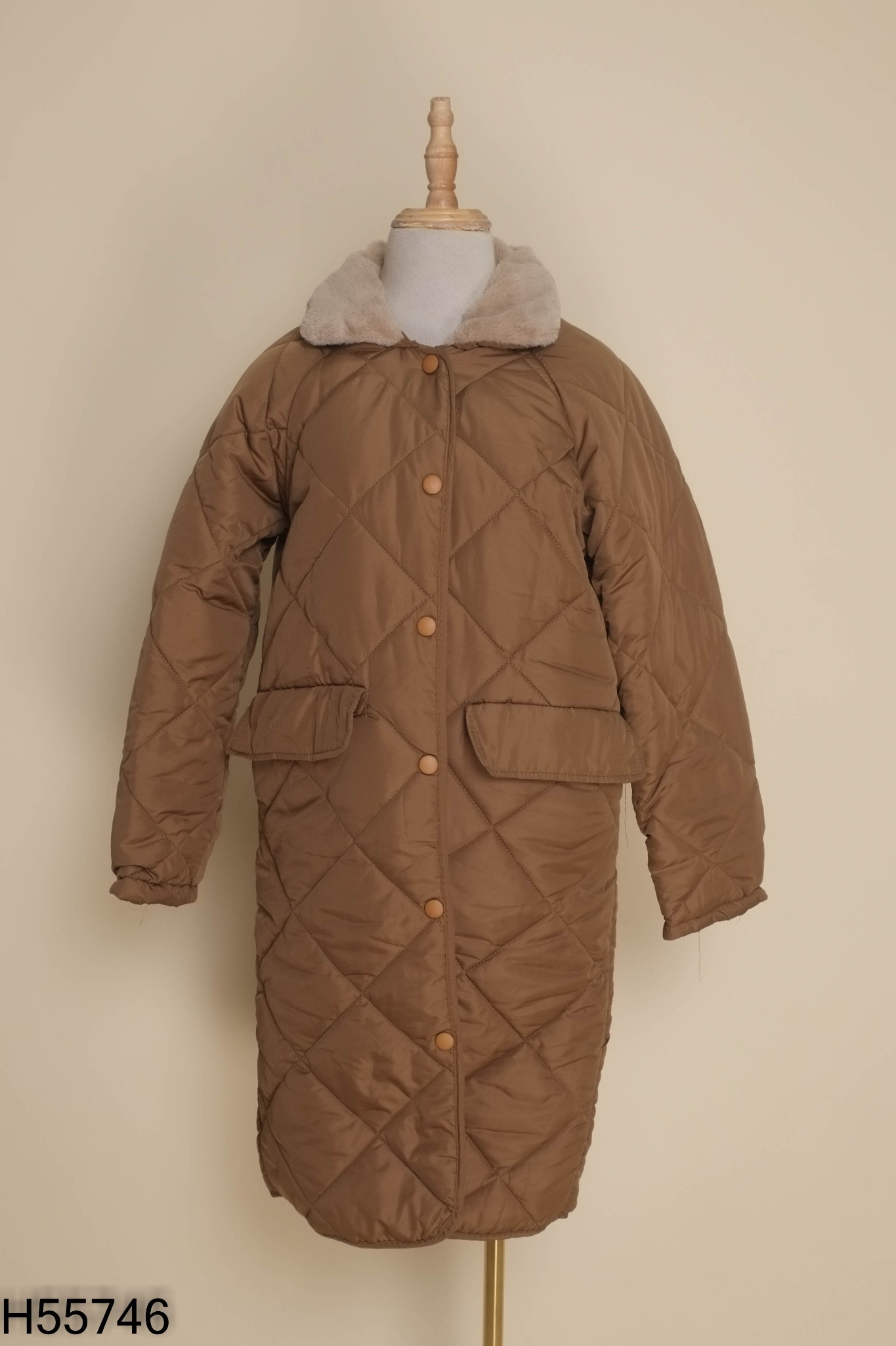 Áo phao dáng dài nâu mix lông thú