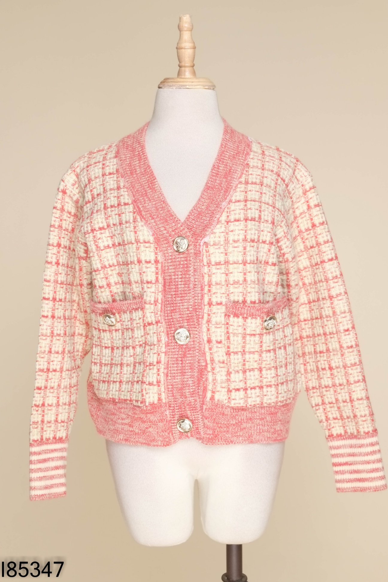 Áo len cardigan hồng mix be