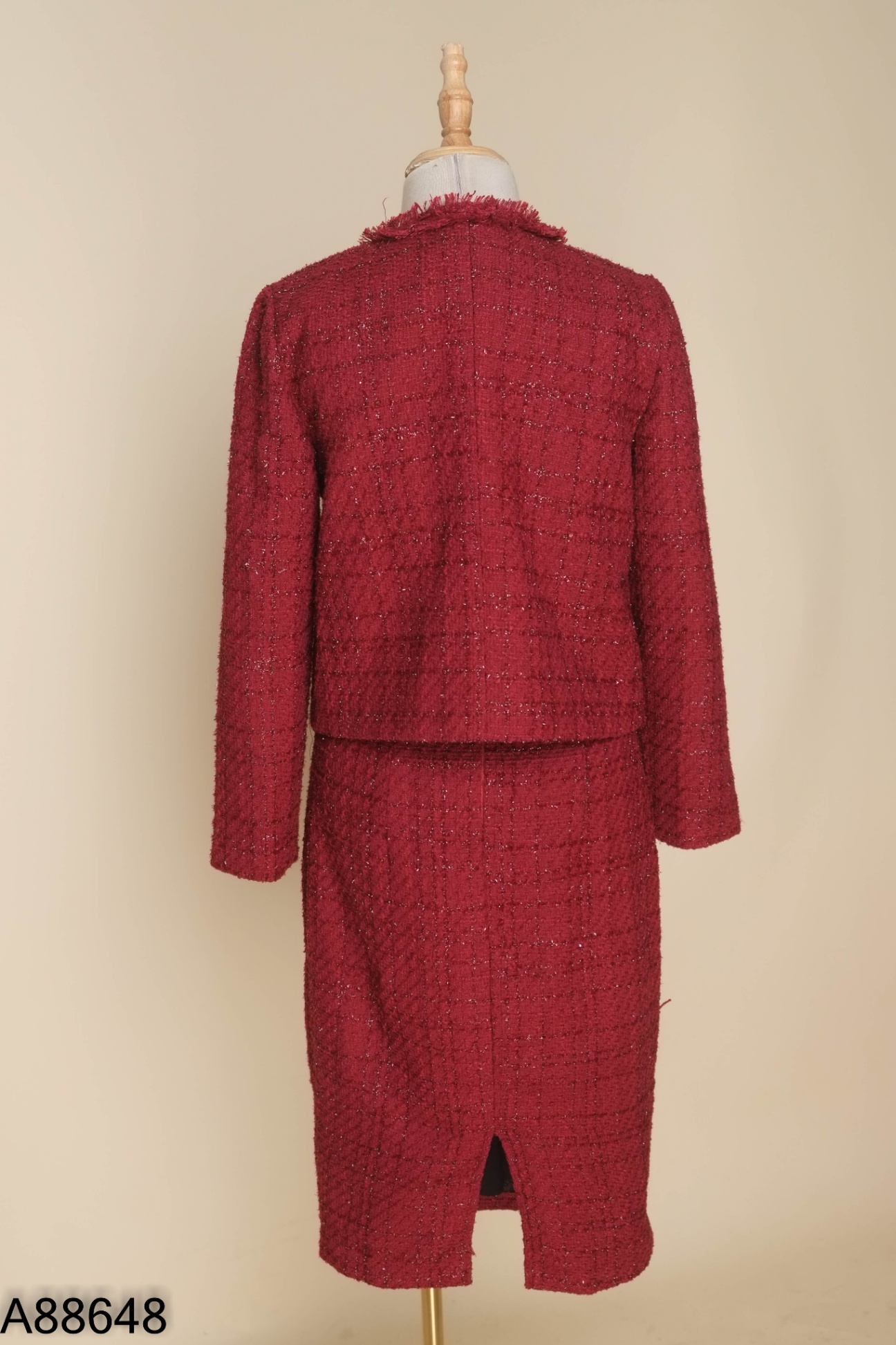 Set váy dạ tweed đỏ kim tuyến + áo khoác