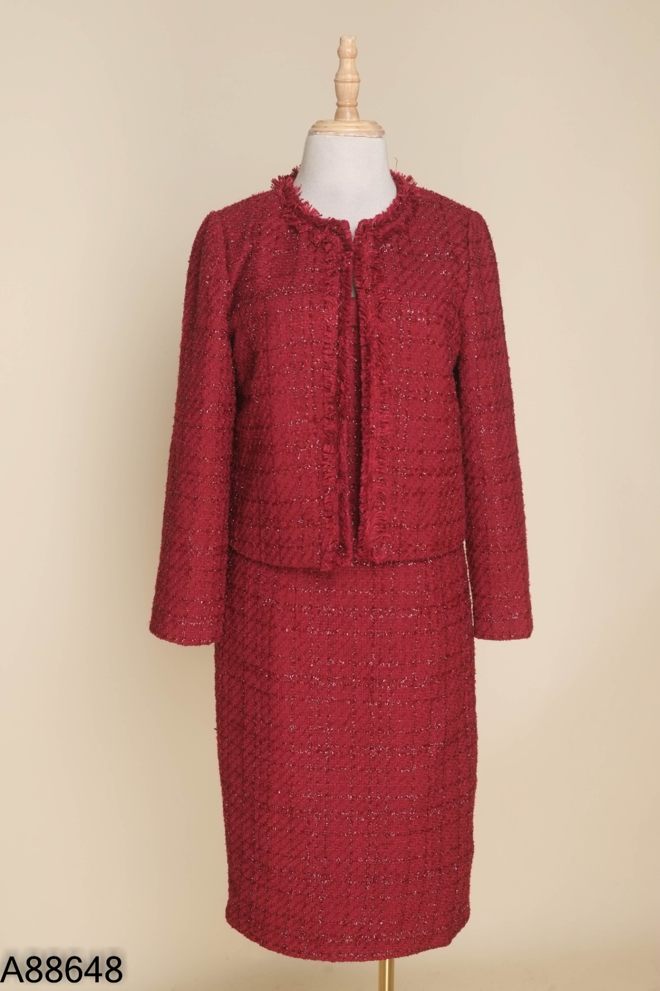 Set váy dạ tweed đỏ kim tuyến + áo khoác