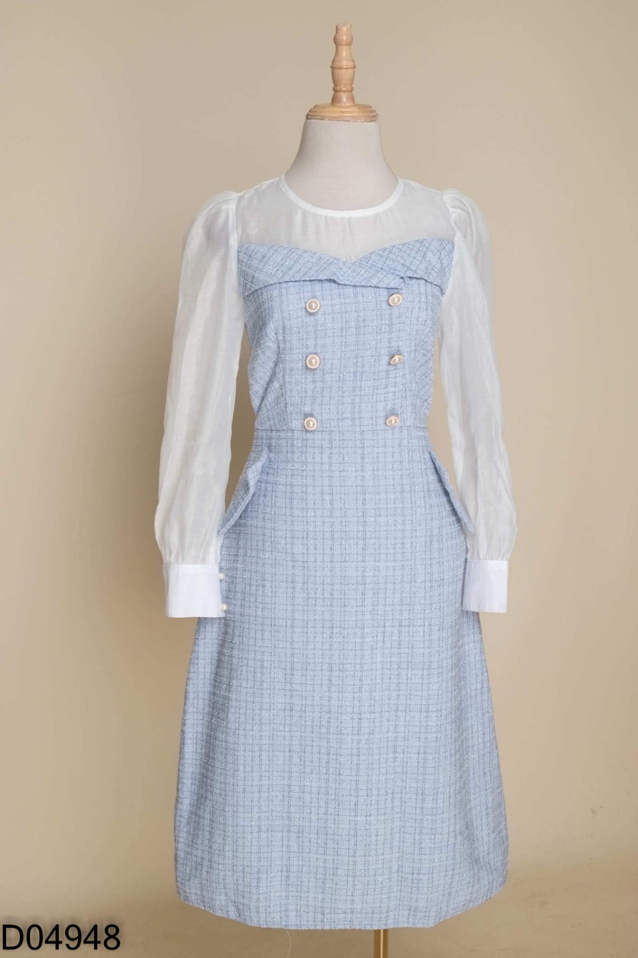 Váy dạ tweed xanh ngọc phối tay lưới