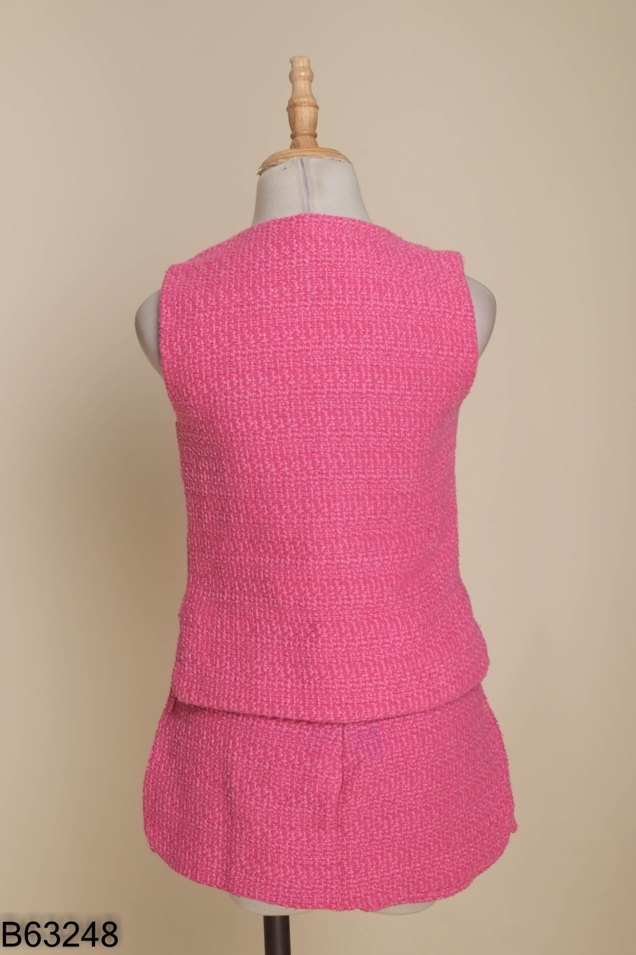 Set áo gile dạ tweed hồng + chân váy