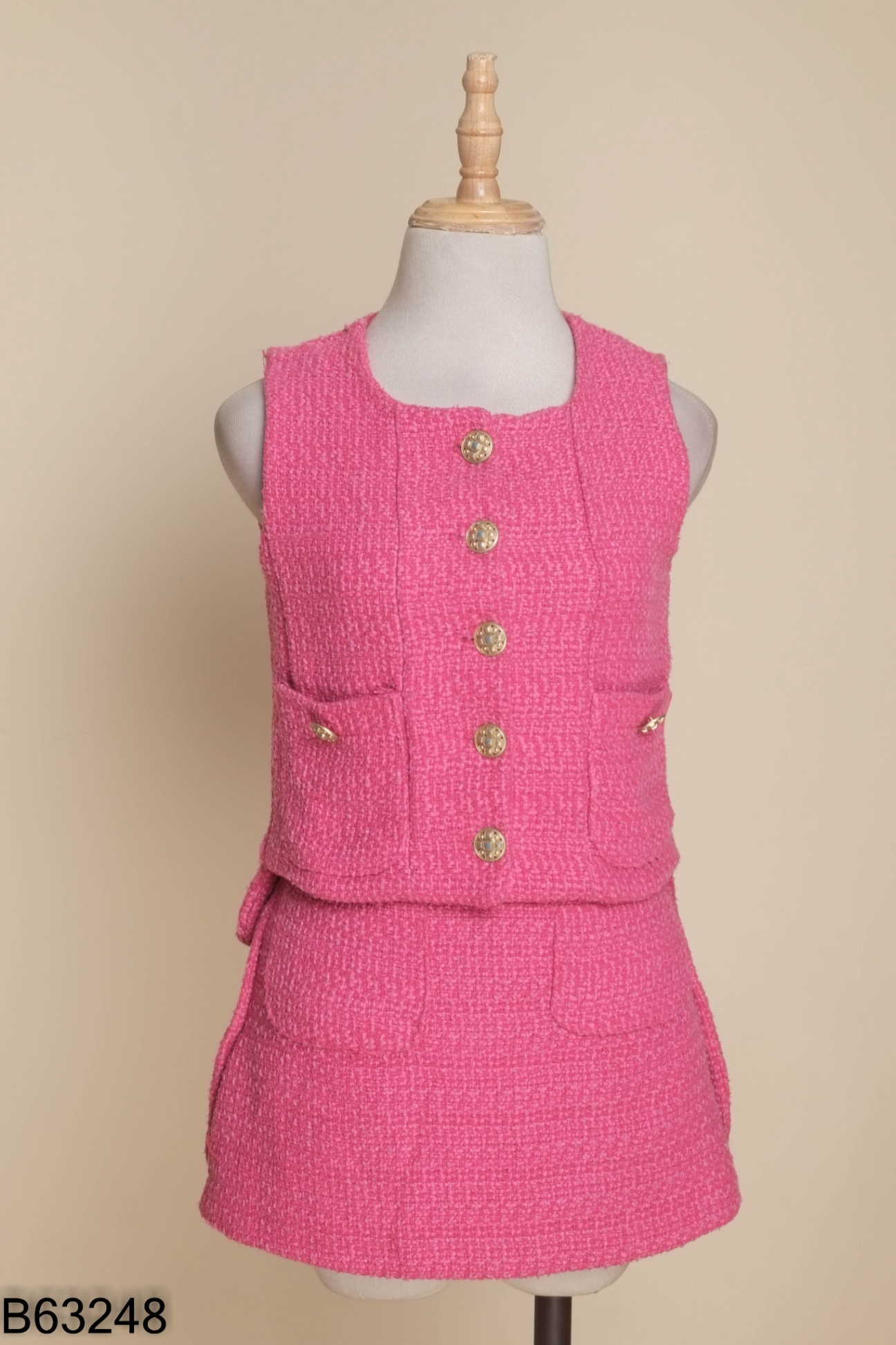 Set áo gile dạ tweed hồng + chân váy