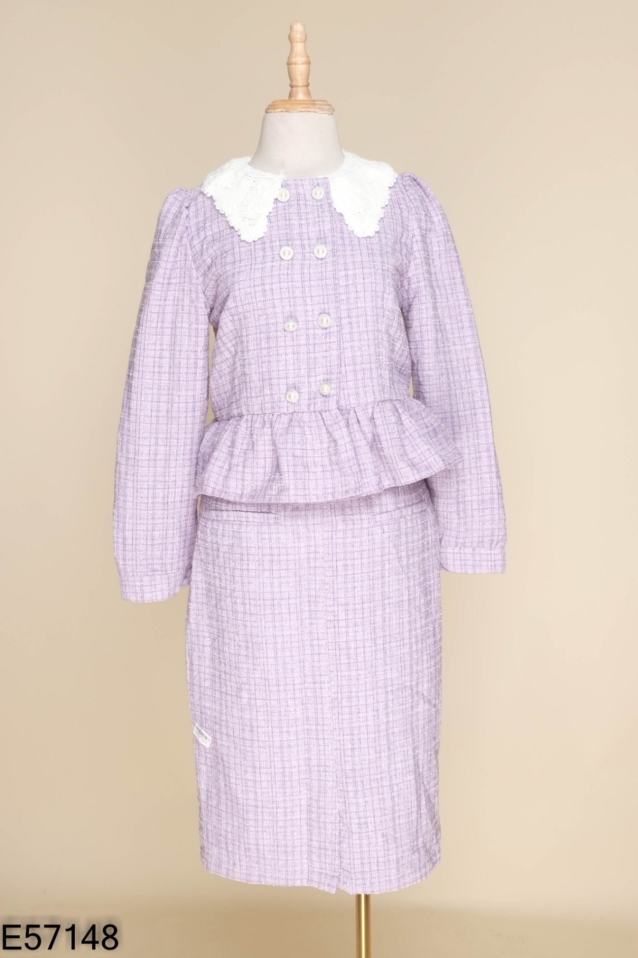 Set áo dạ tweed tím phối cúc ngọc + chân váy