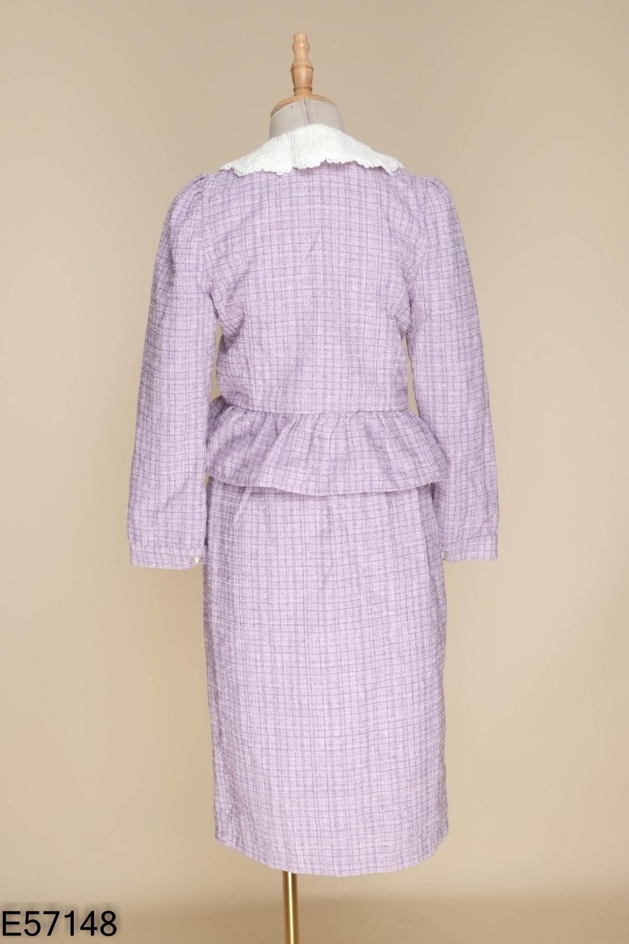 Set áo dạ tweed tím phối cúc ngọc + chân váy