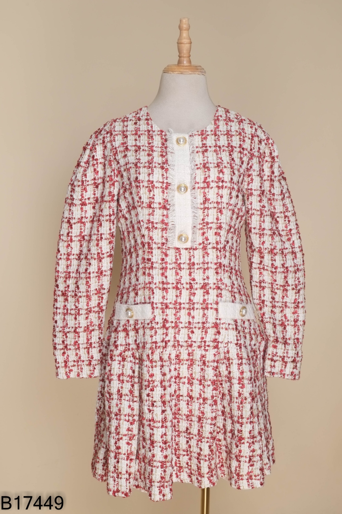 Váy dạ tweed kem phối đỏ KATE cúc ngọc