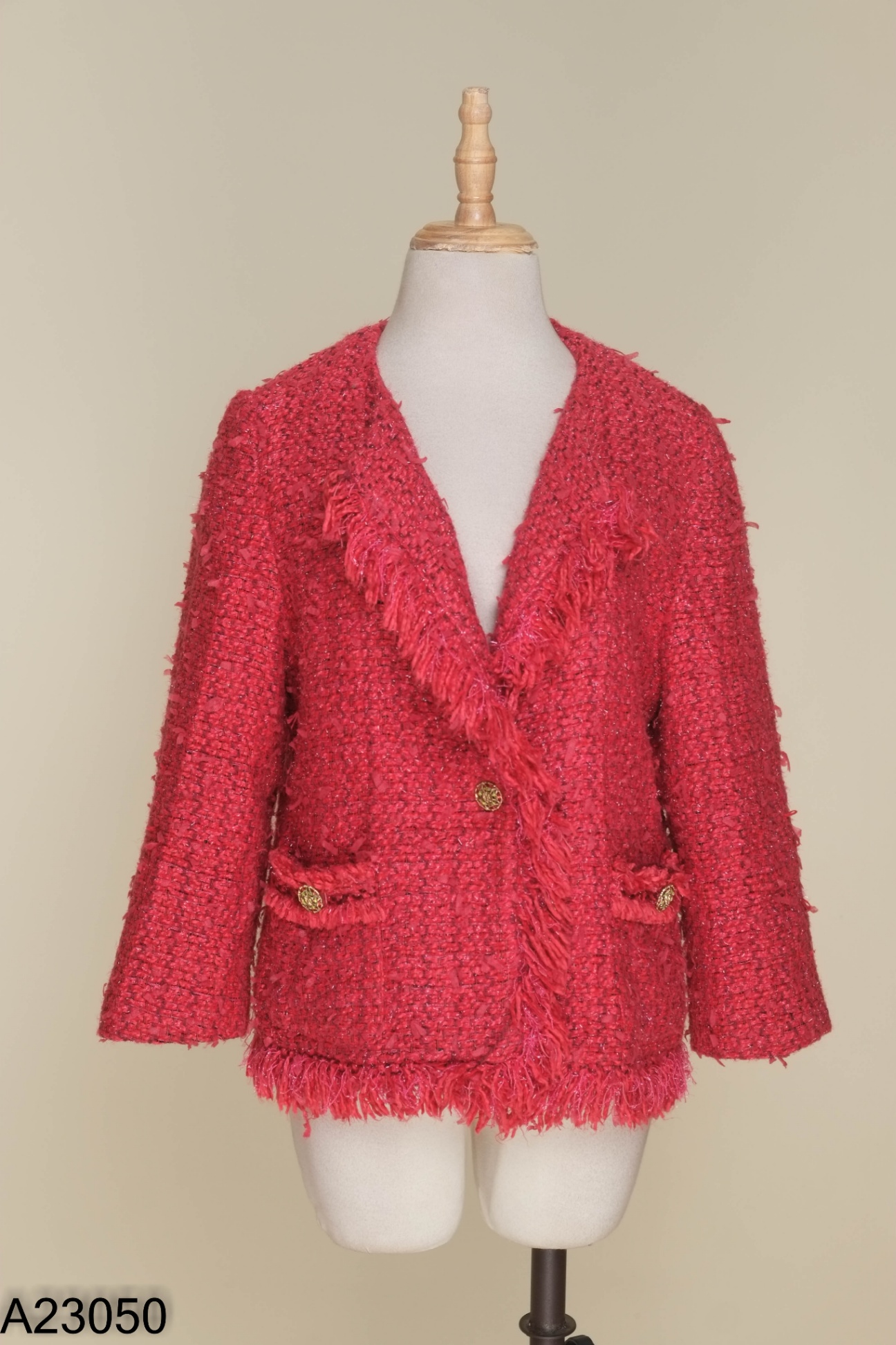 Áo khoác dạ tweed hồng ánh đỏ