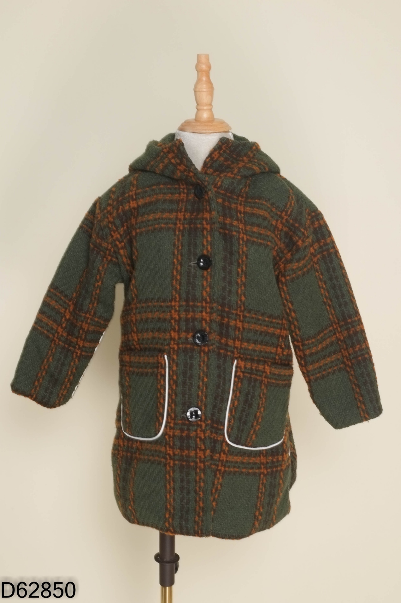 Áo khoác dạ xanh kẻ phối mũ KIDS