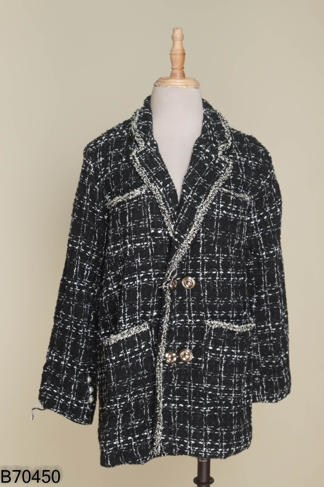 Áo blazer dạ đen caro