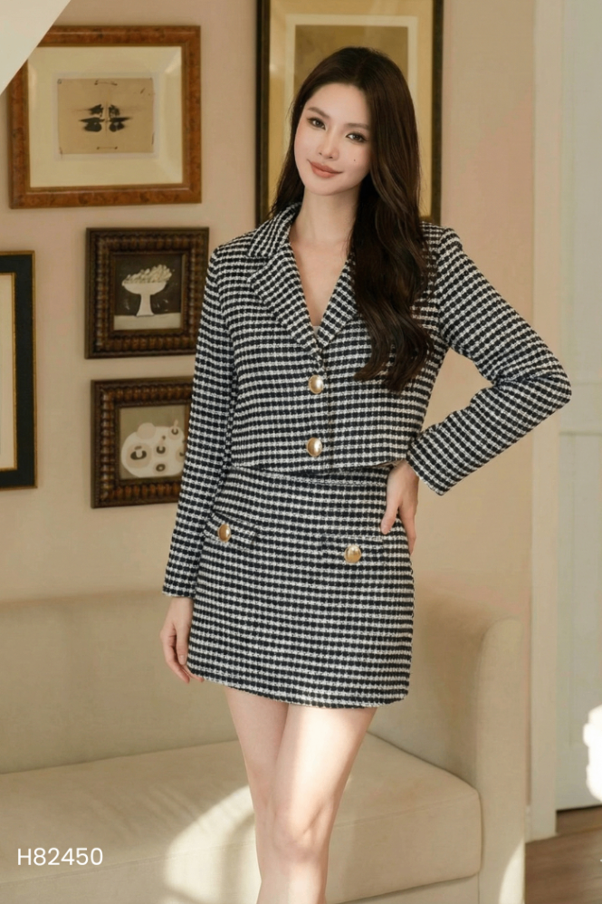SET áo dạ xanh kẻ đen + chan váy