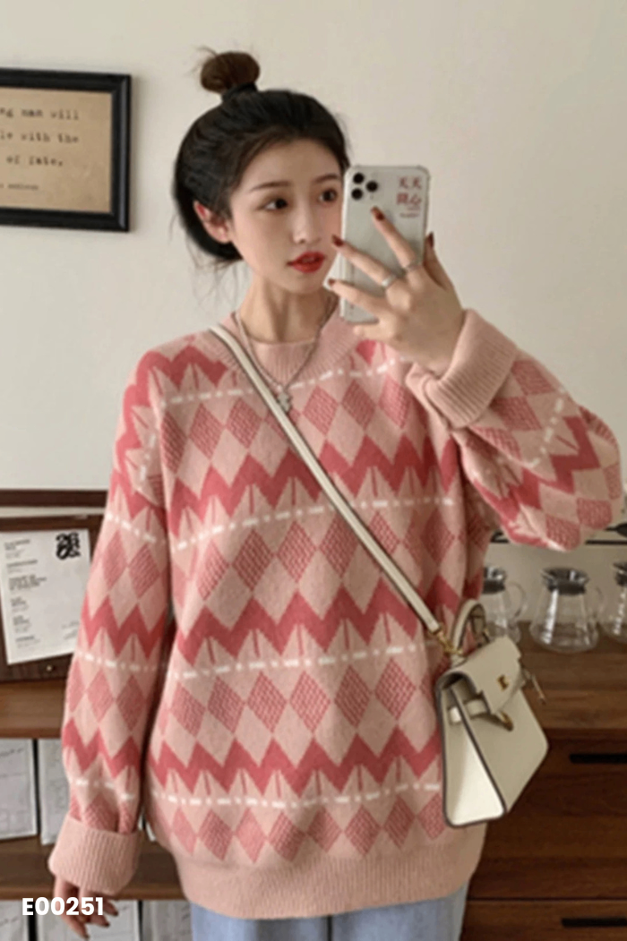 NEW Áo len hồng hoạ tiết