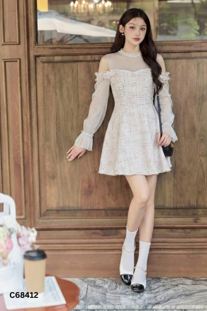 Váy xám trắng phối ngọc trai dạ tweed