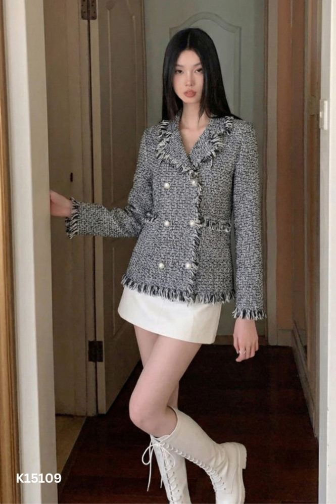 Áo khoác dạ tweed đen xám