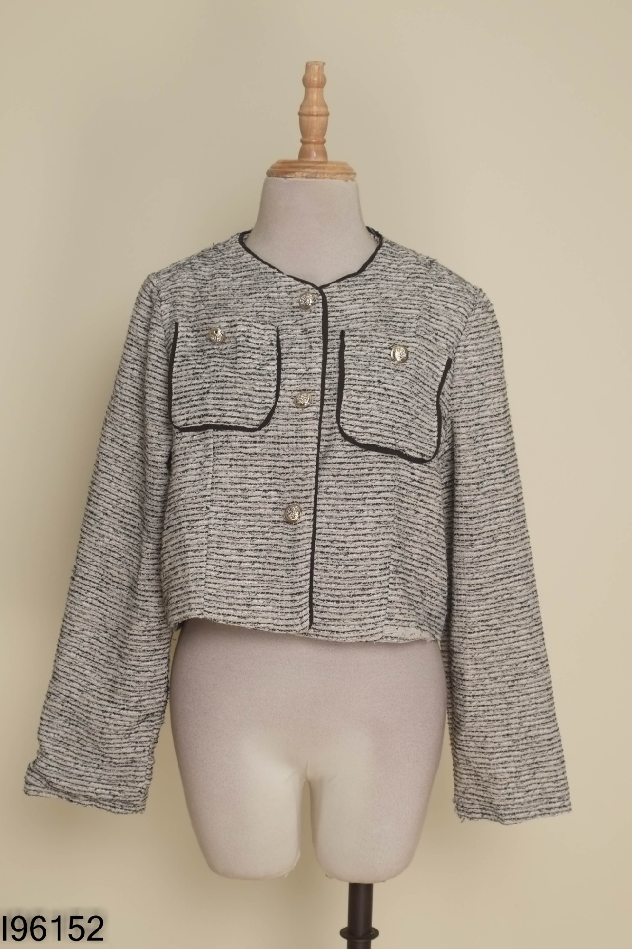 Áo dạ tweed be mix sợi đen trắng phối viền đen