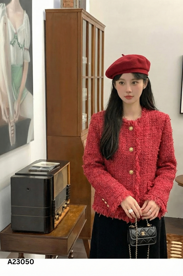 Áo khoác dạ tweed hồng ánh đỏ