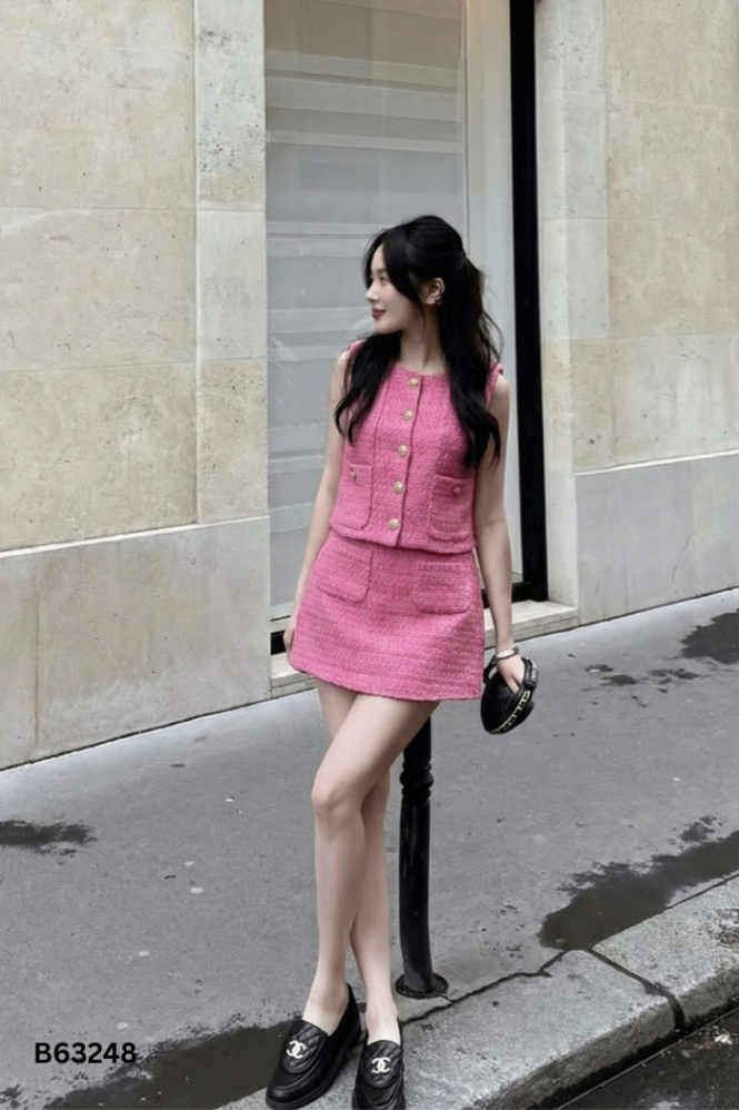 Set áo gile dạ tweed hồng + chân váy
