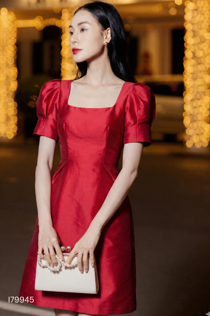 Váy CALIE HOUSE đỏ đỏ trơn tay phồng
