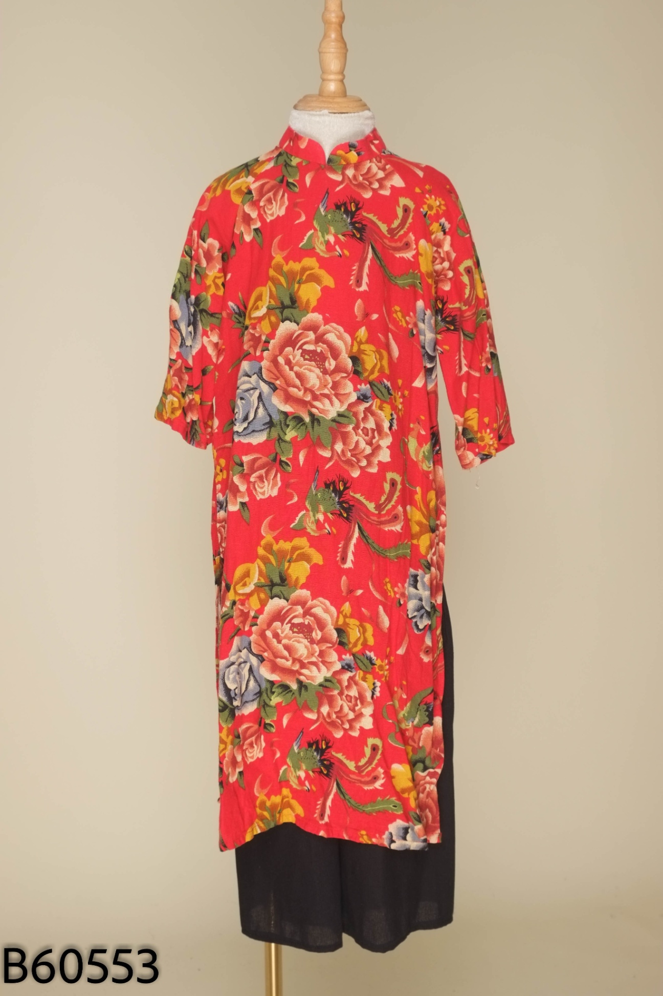 Set áo dài đỏ hoa + quần đen kid