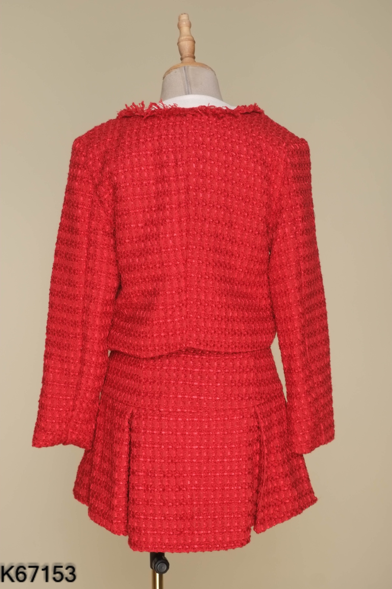 NEWTAG Set Áo dạ tweed đỏ phối viền trắng + chân váy