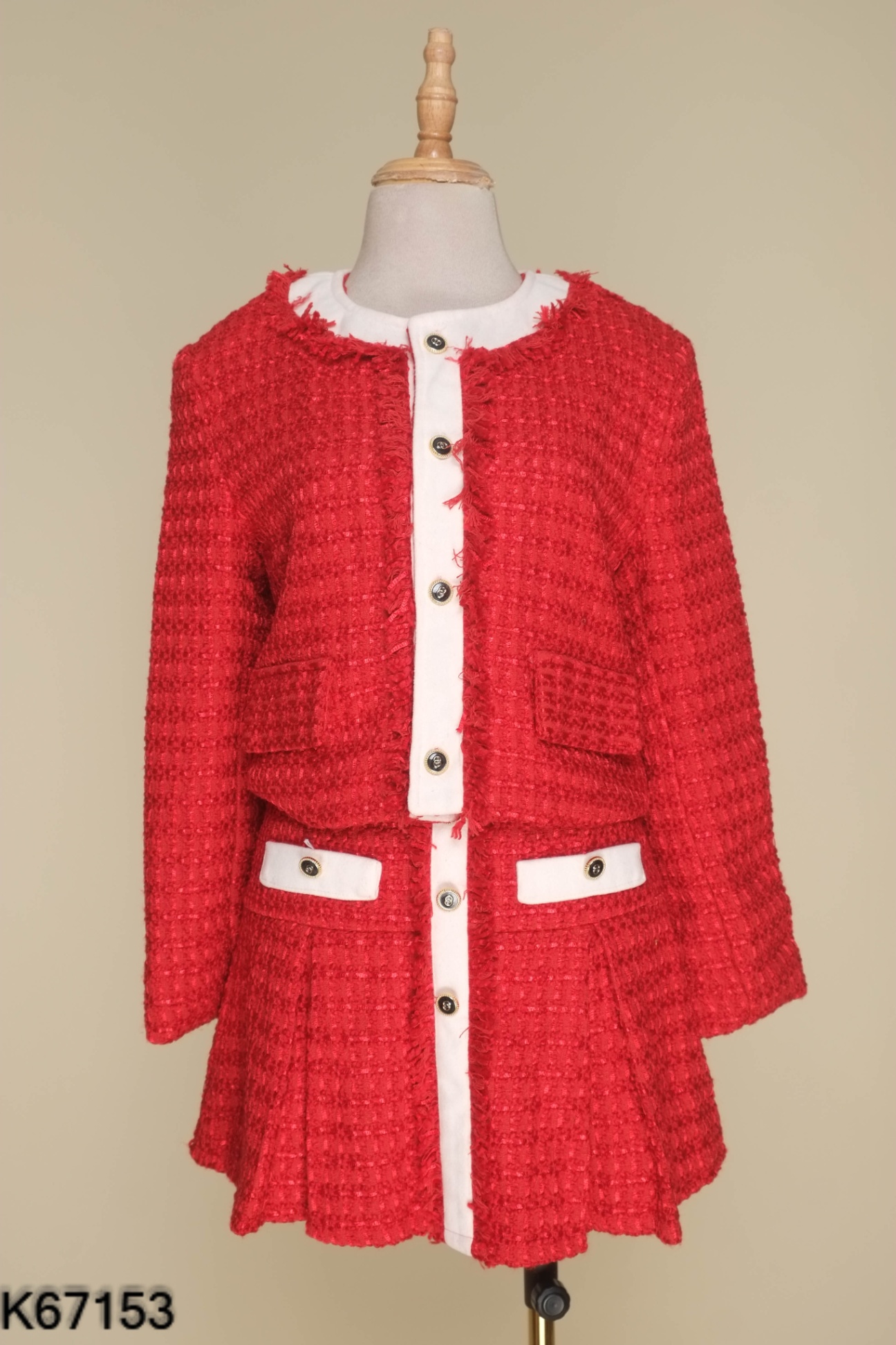 NEWTAG Set Áo dạ tweed đỏ phối viền trắng + chân váy