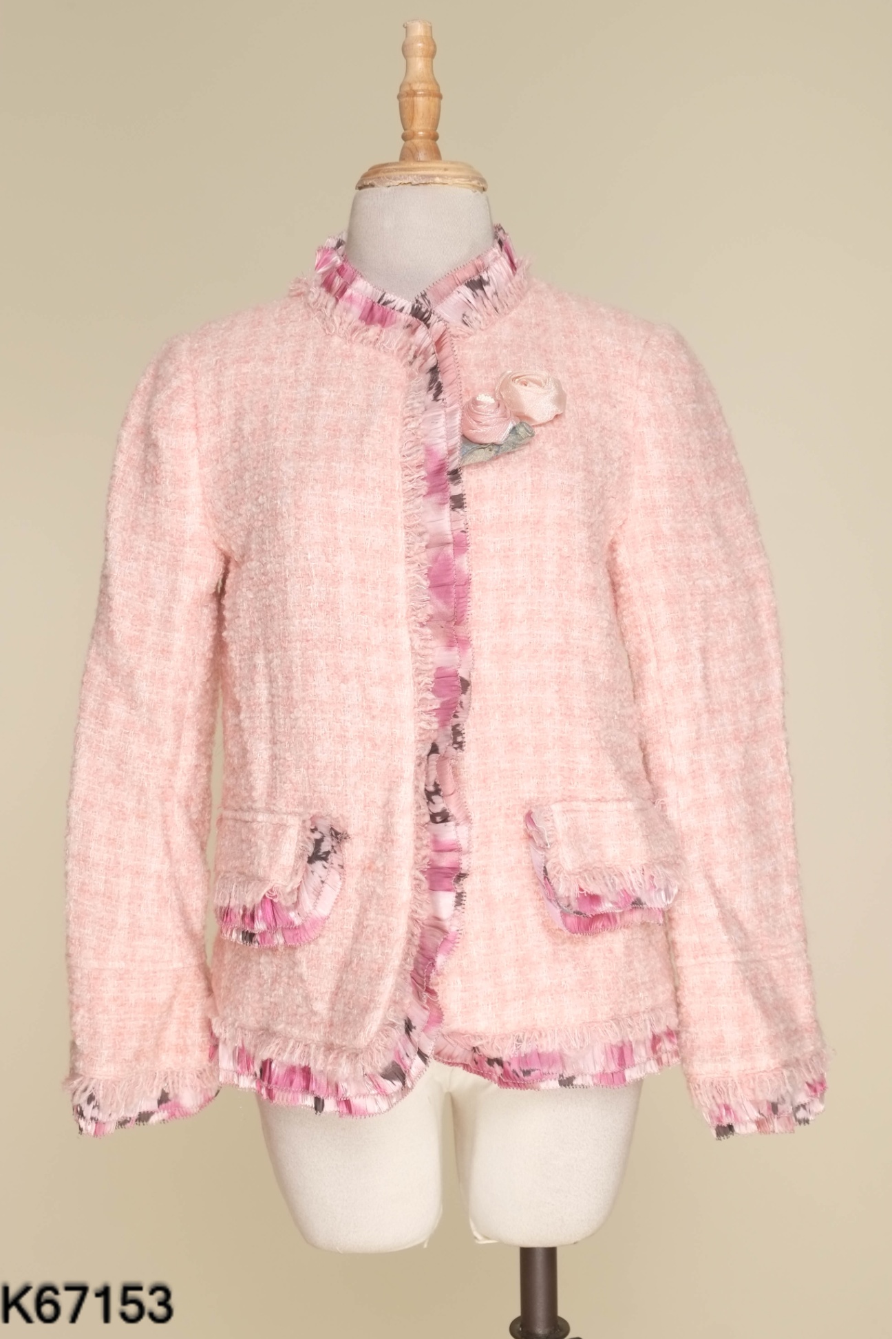 Áo khoác dạ tweed len hồng phối viền