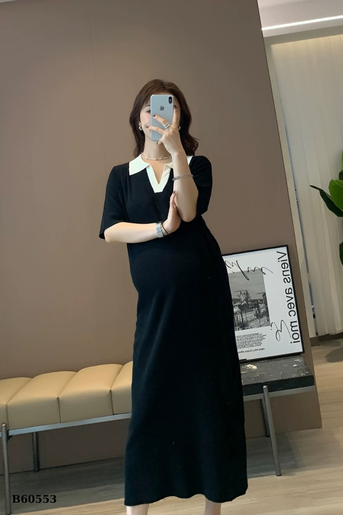 Váy len đen cổ polo be