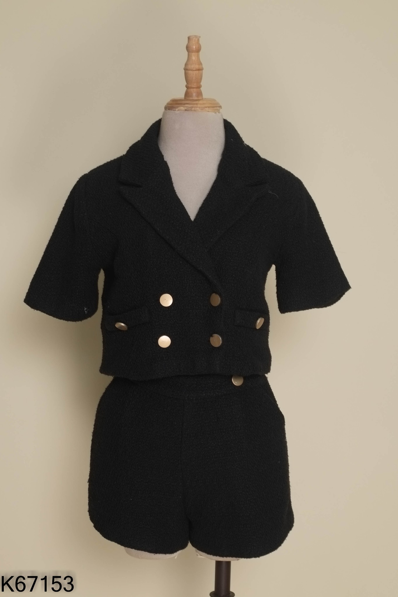 Set Áo dạ tweed đen cổ vest dáng ngắn + quần