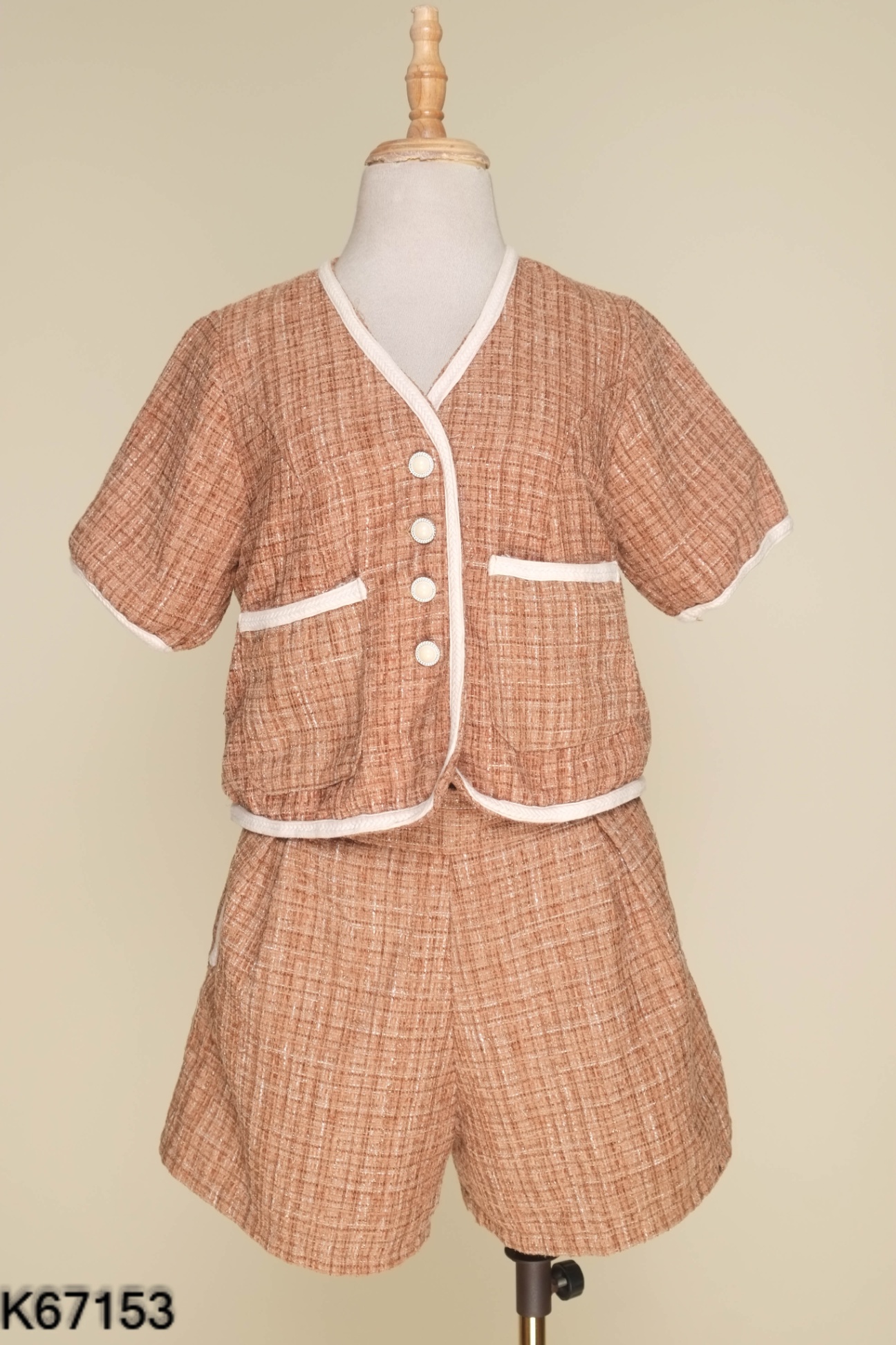Set Áo dạ tweed nâu phối cúc ngọc + quần short