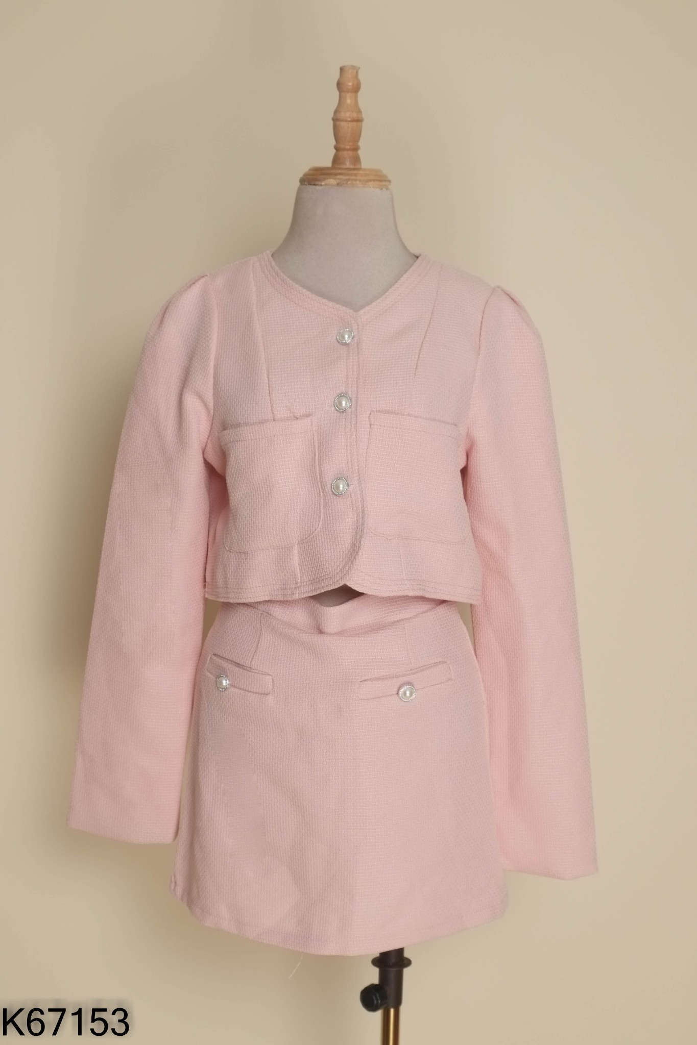 Set Áo dạ tweed hồng cúc ngọc + chân váy