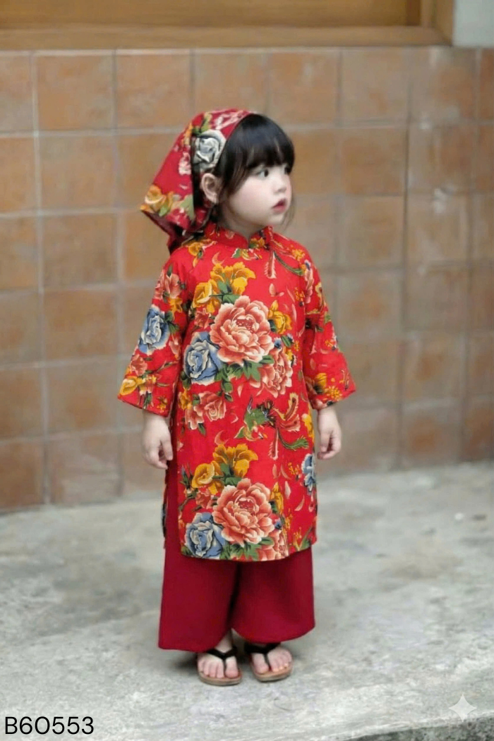 Set áo dài đỏ hoa + quần đen kid