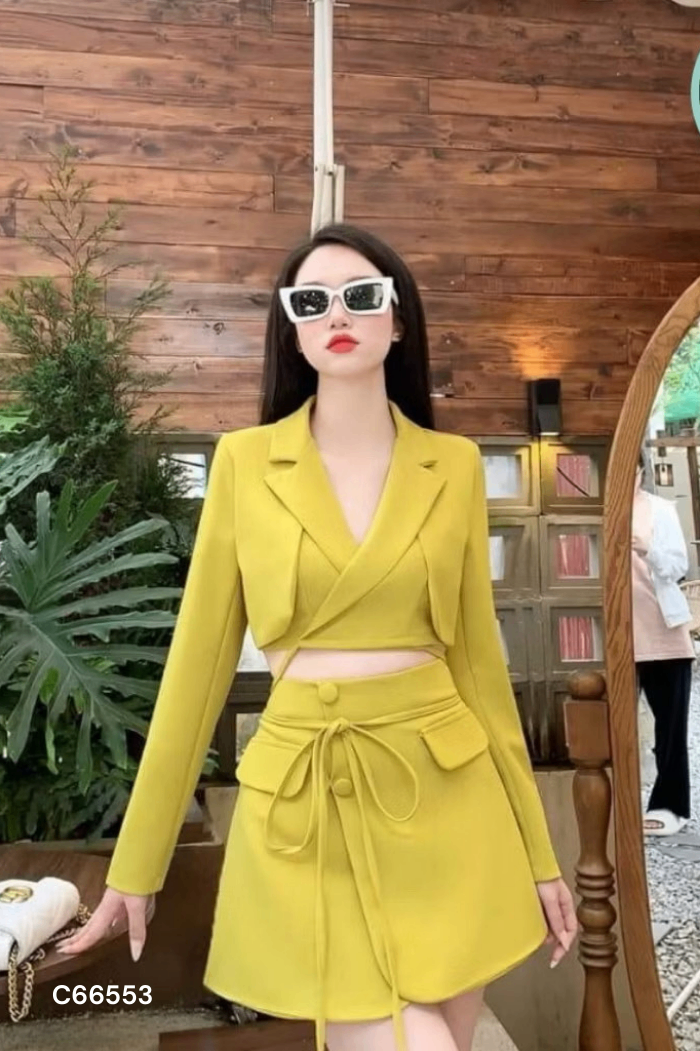 SET áo vest xanh dáng ngắn + quần
