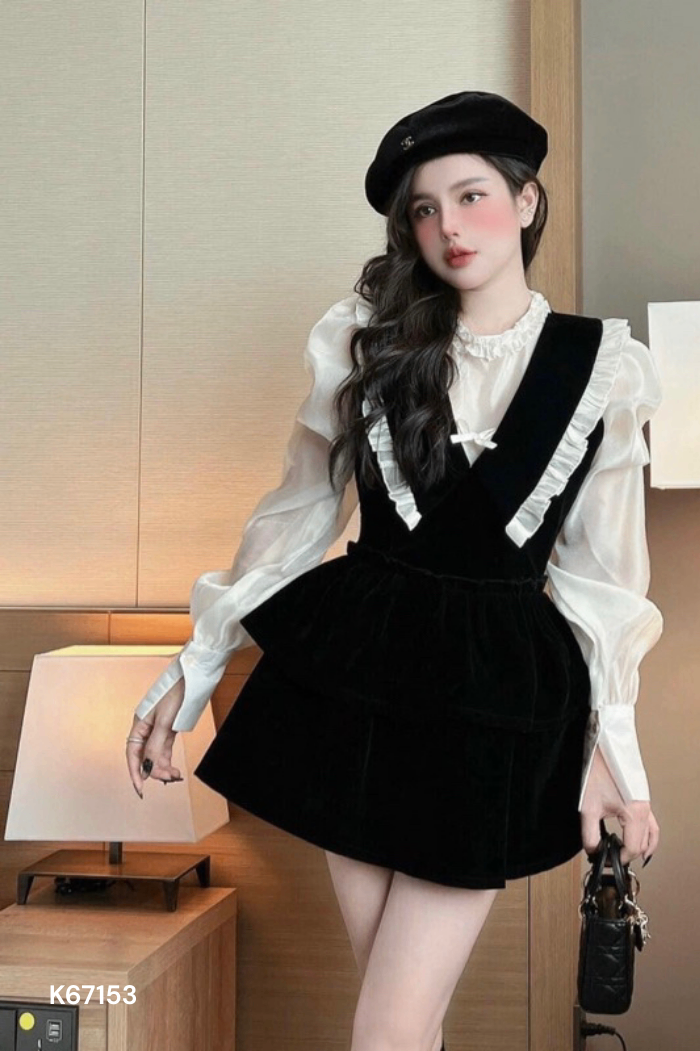 Set Váy dạ nhung đen mix áo sơ mi voan