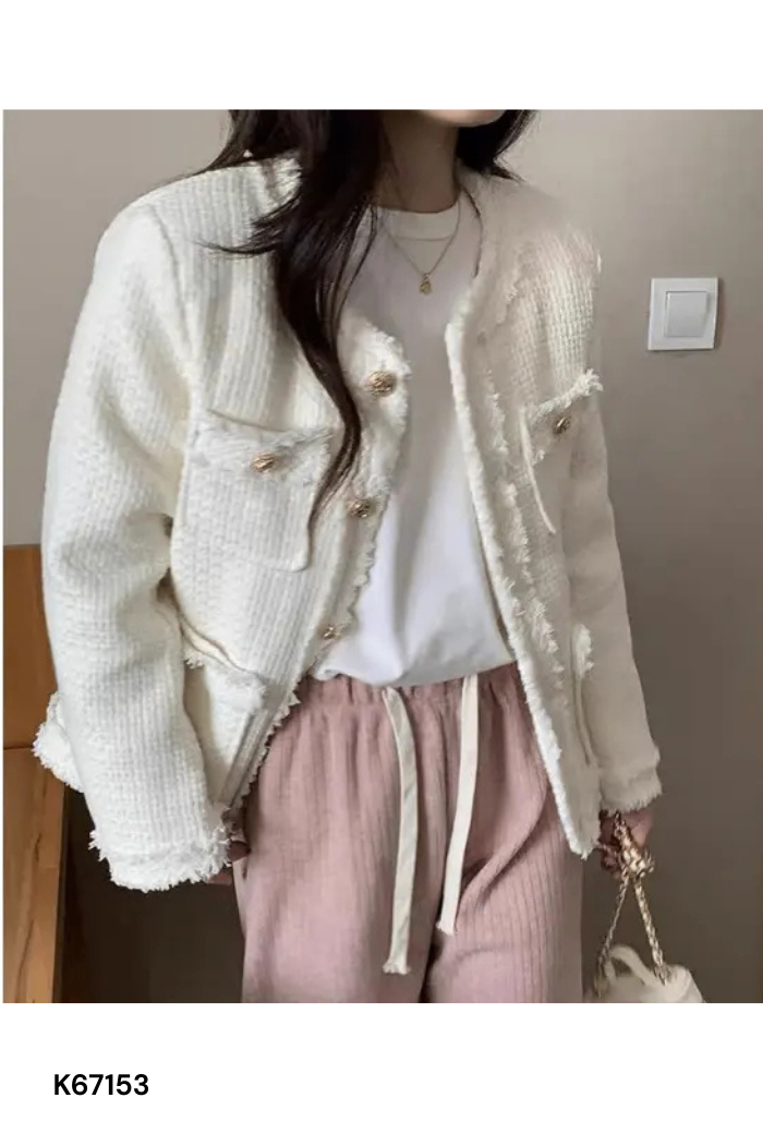 Áo khoác dạ tweed kem phối viền tua rua