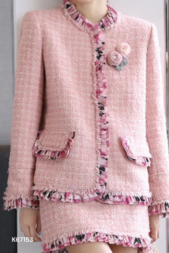 Áo khoác dạ tweed len hồng phối viền