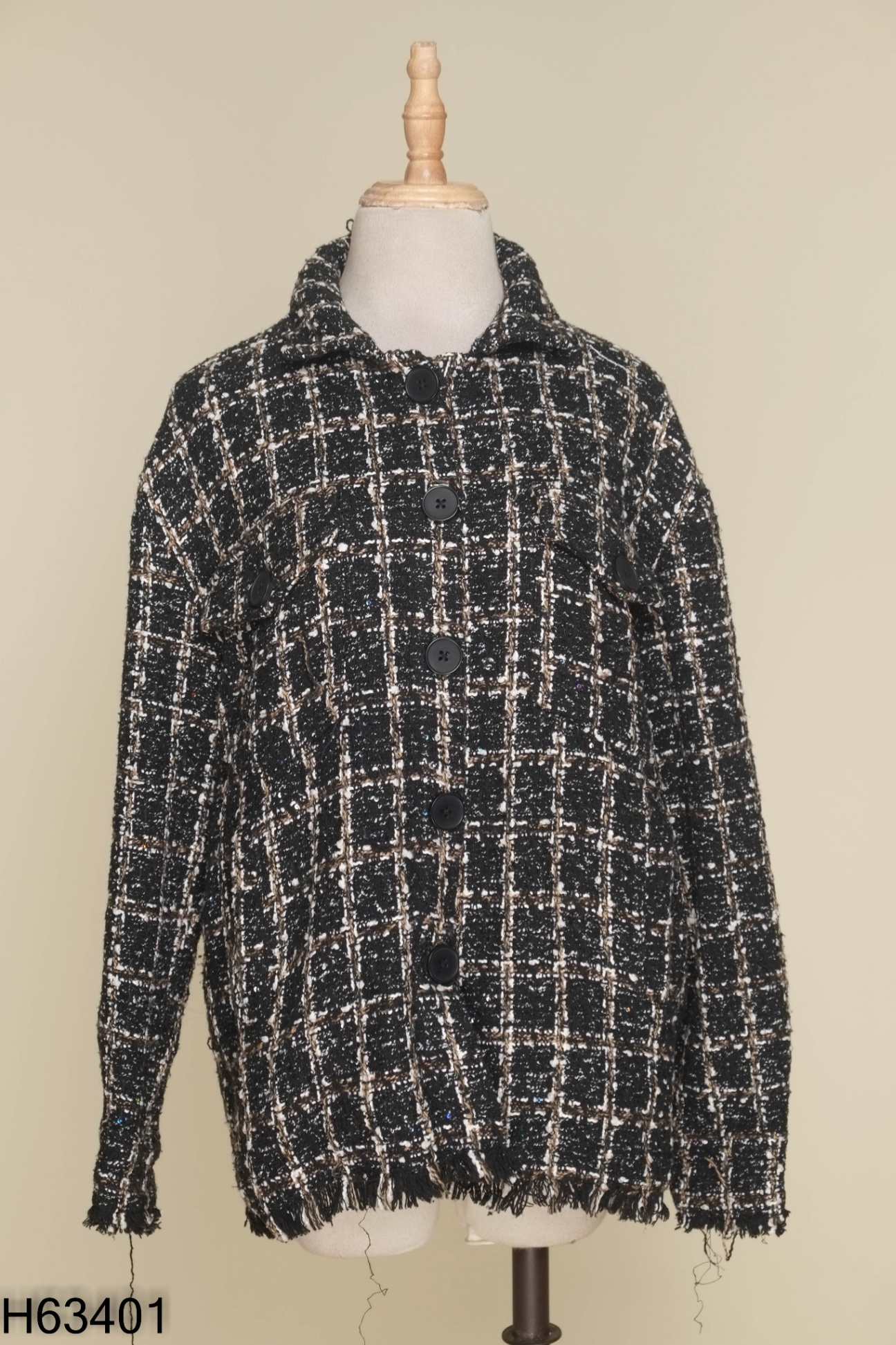 Áo TÍ NGOAN dạ tweed đen phối trắng