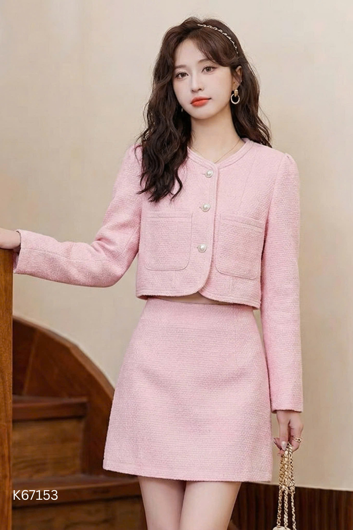 Set Áo dạ tweed hồng cúc ngọc + chân váy
