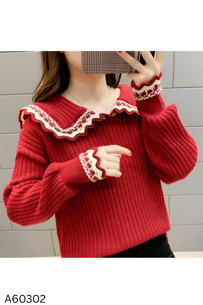 Áo len đỏ cổ viền trắng