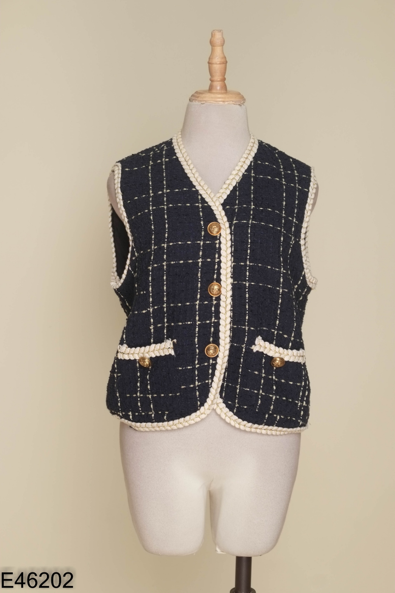 Áo gile dạ tweed xanh phối viền