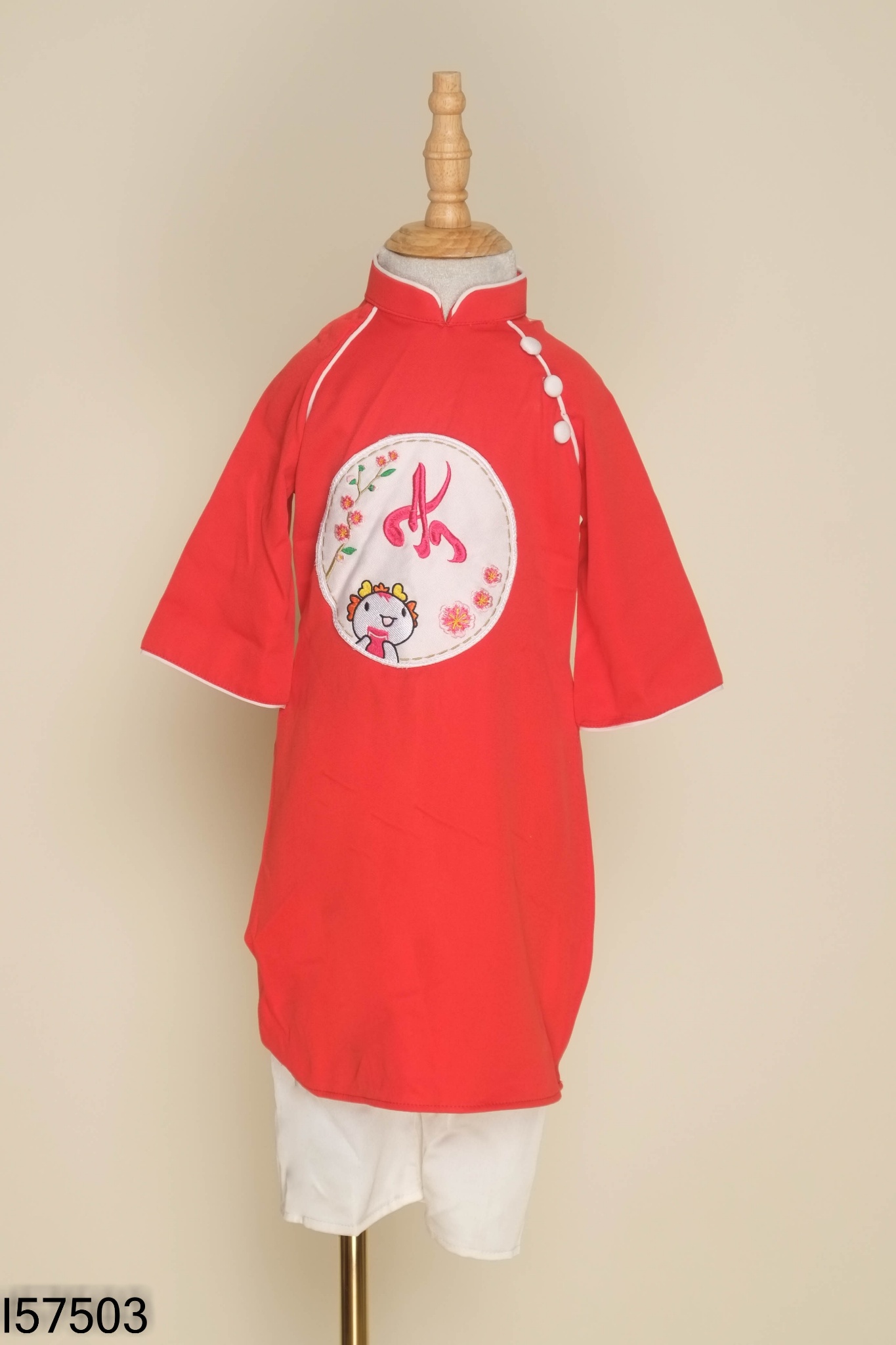 Set Áo dài đỏ thêu họa tiết + quần lụa KIDS
