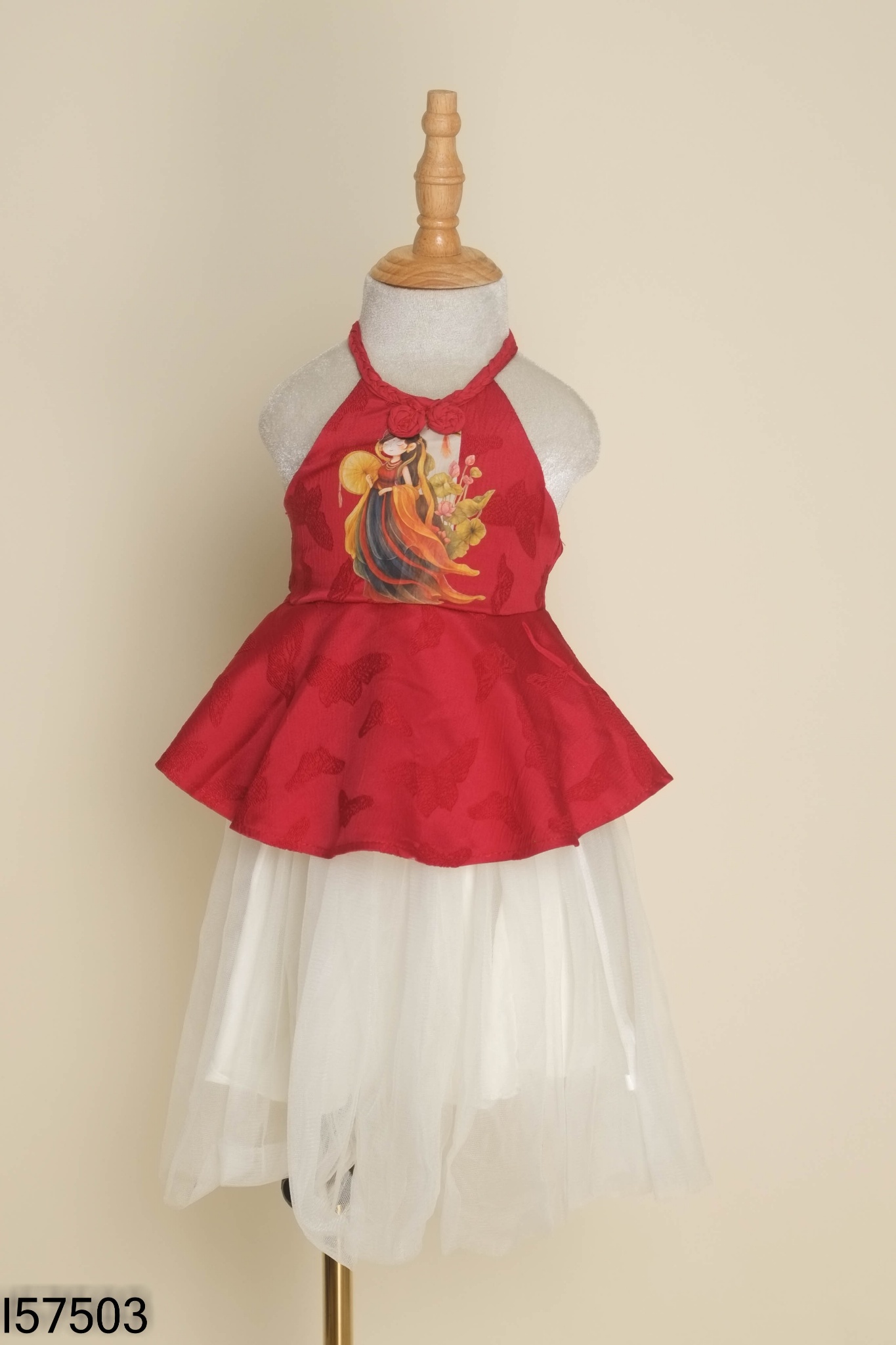Set Áo yếm đỏ in họa tiết + chân váy lưới trắng KIDS
