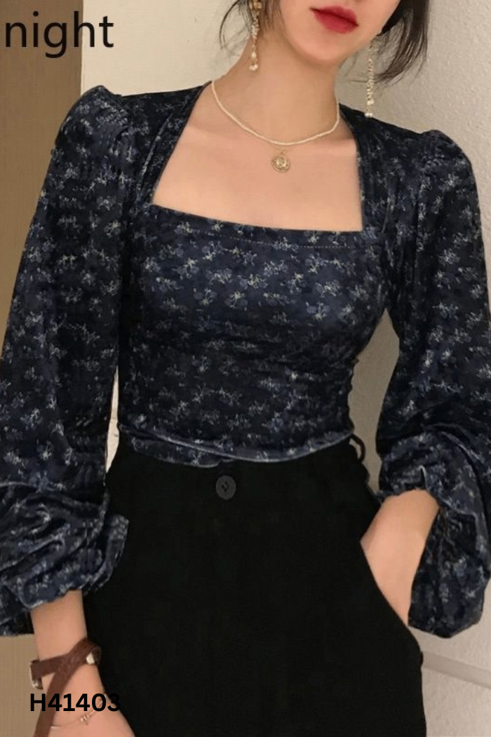 Áo nhung xanh than họa tiết