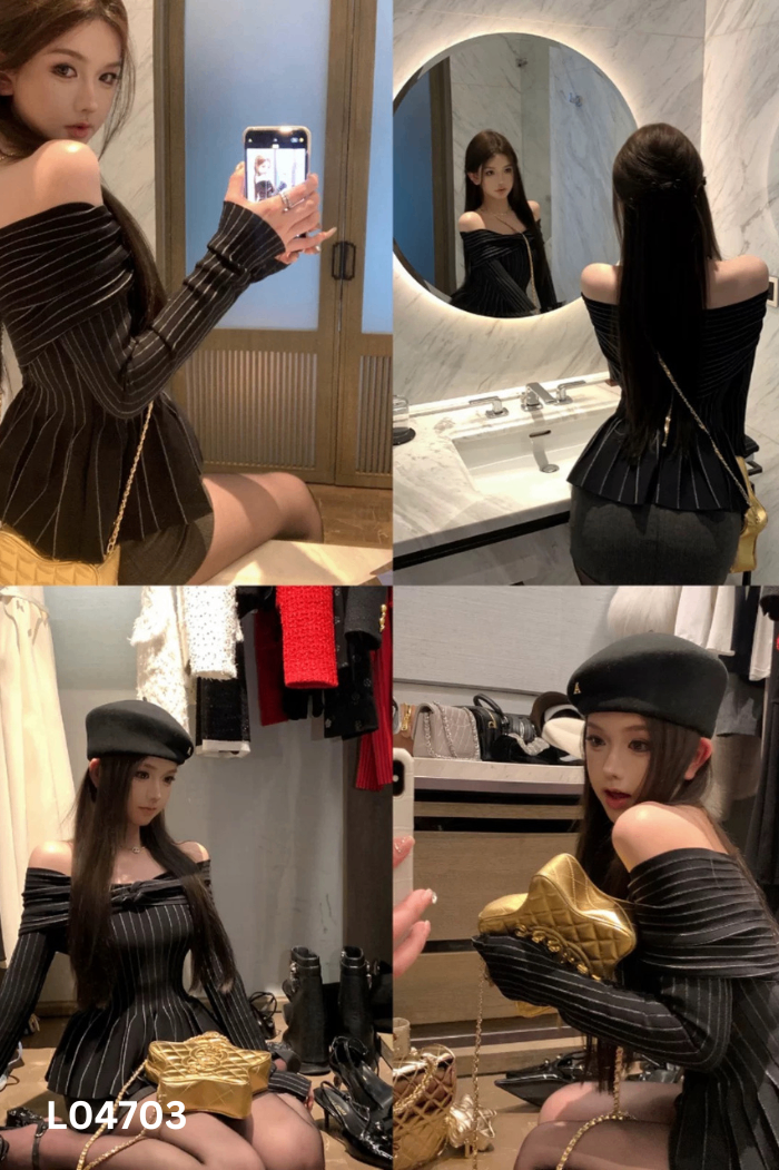 Áo len đen kẻ trắng