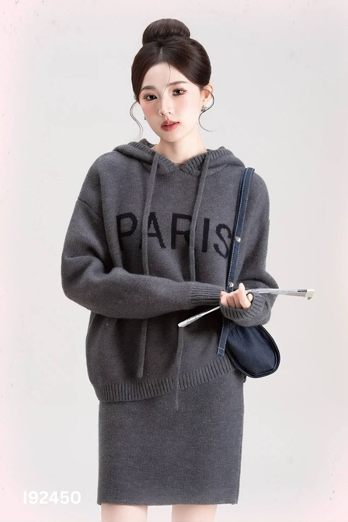 Set xám áo hoodies len + chân váy