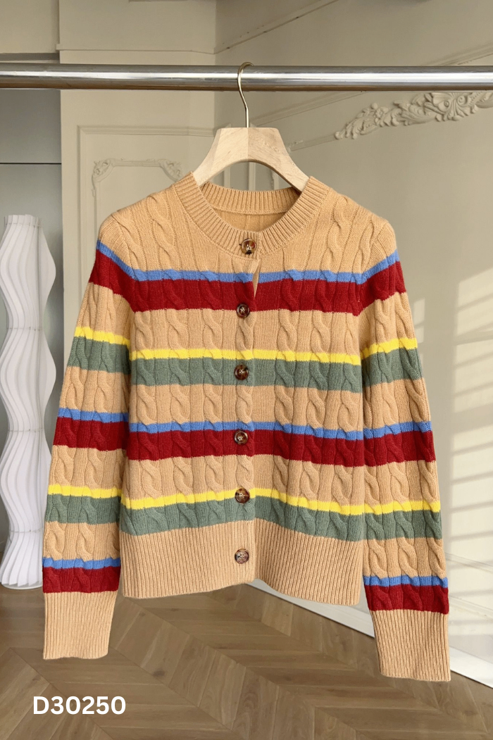 Áo len cardigan nâu phối nhiều màu