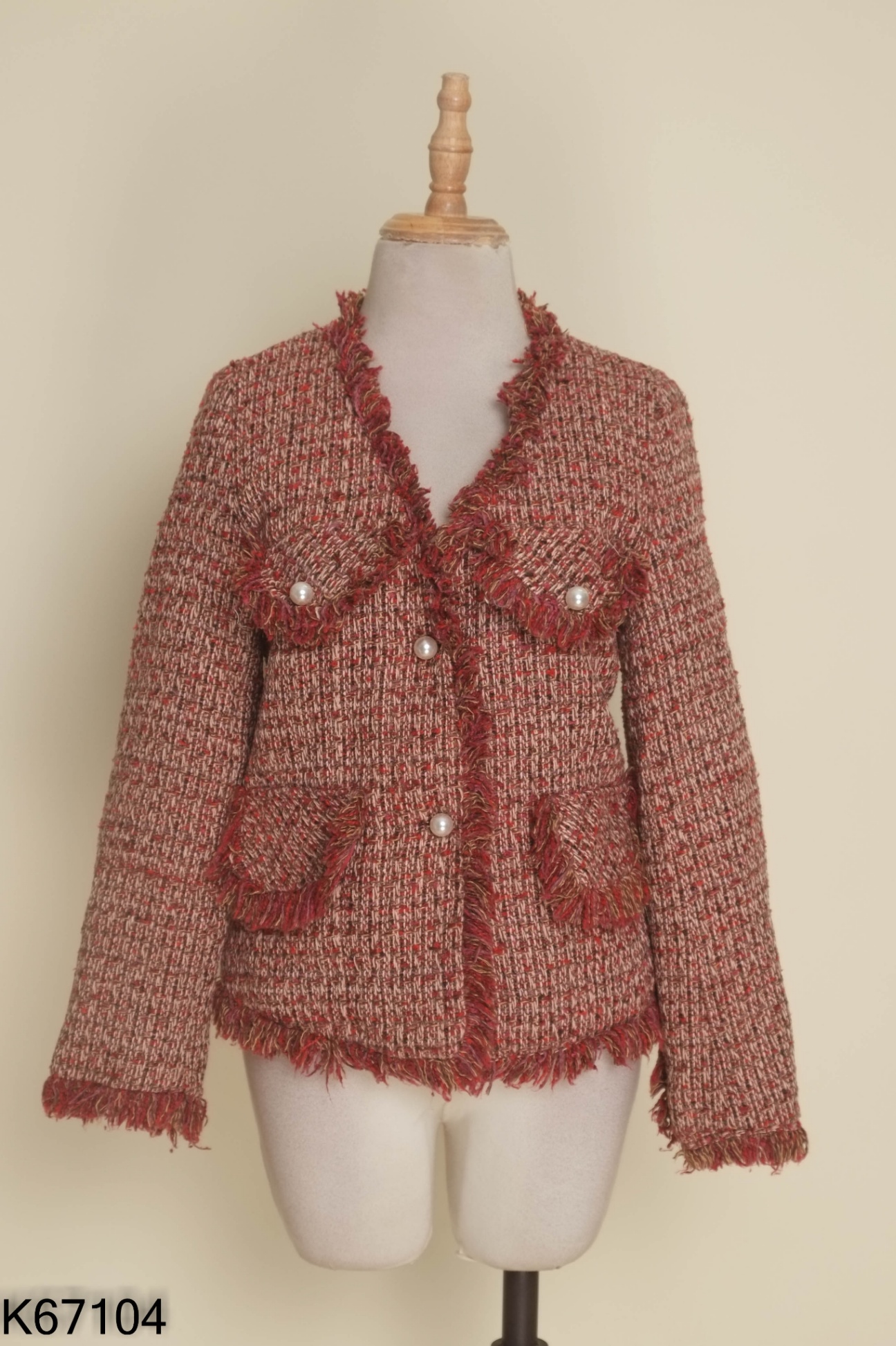 Áo khoác dạ tweed đỏ mix màu phối cúc ngọc