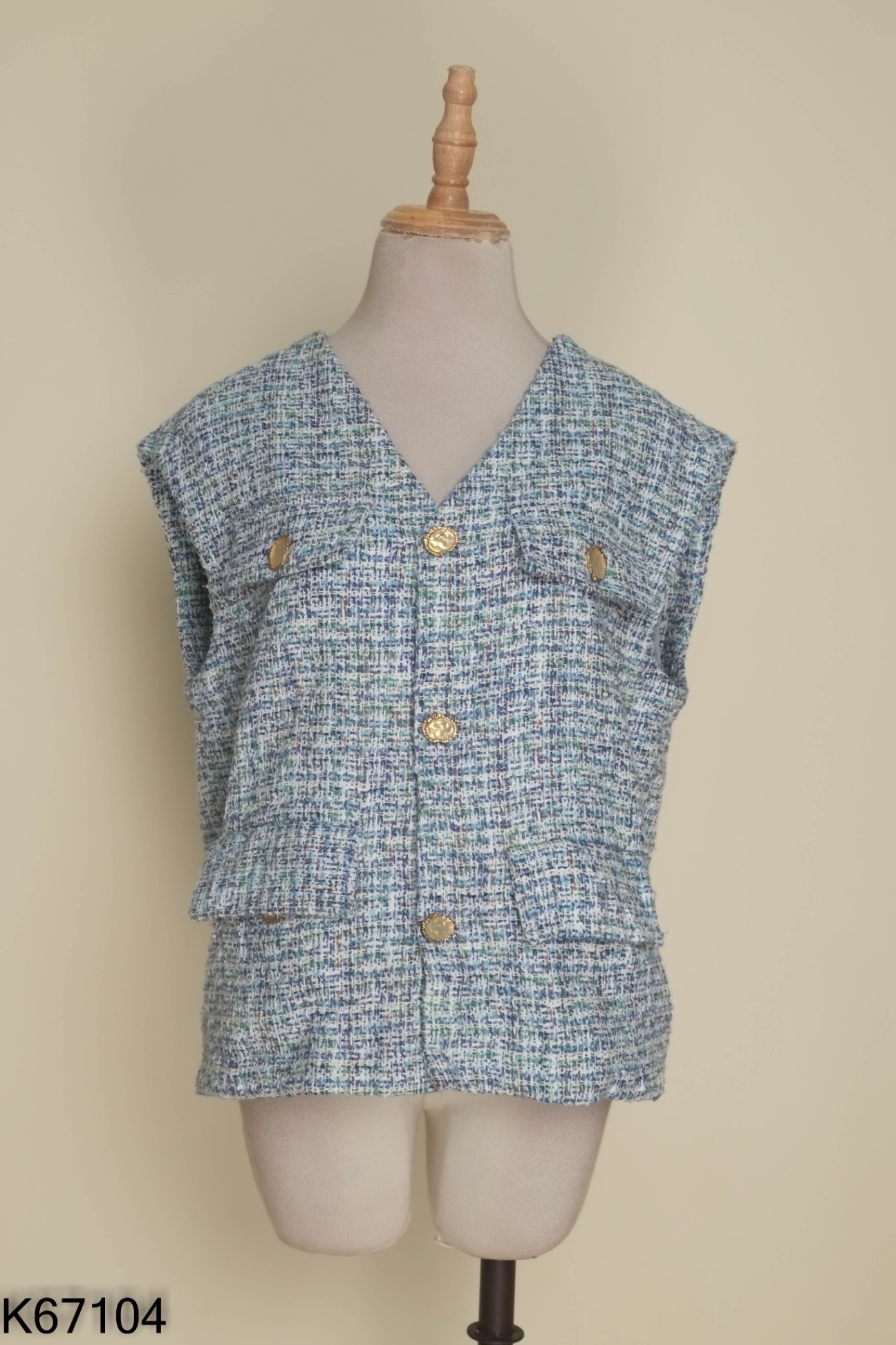 Áo gile dạ tweed xanh mix trắng cổ V